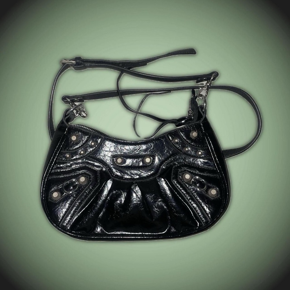 Black Patent Crossbody Bag with Stud Accents
